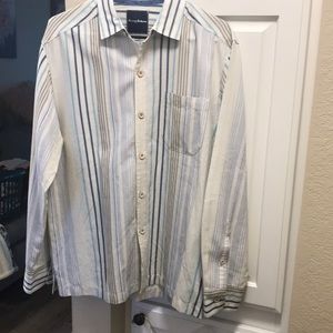 Men’s Tommy Bahama cream, Blue, and grey silk blend button down shirt